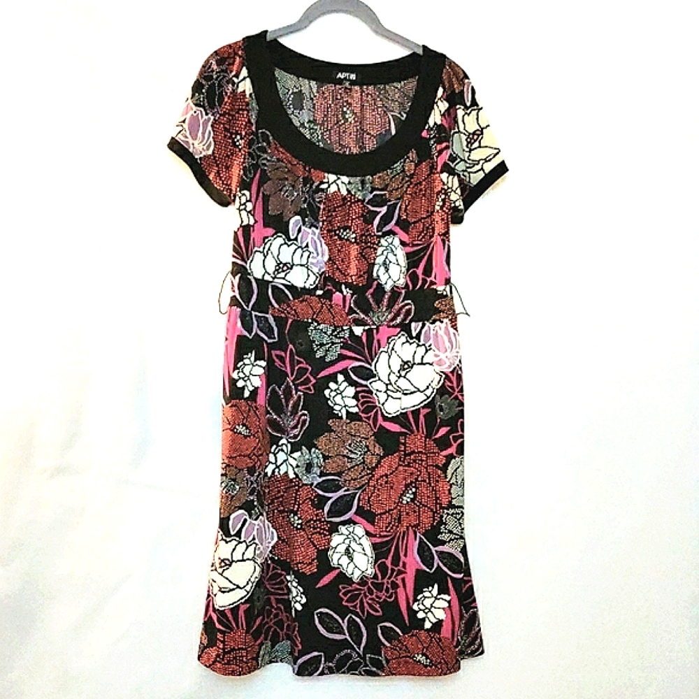🎁 Apt.9 Shift black unique floral elegant dress midi small petite size slimming